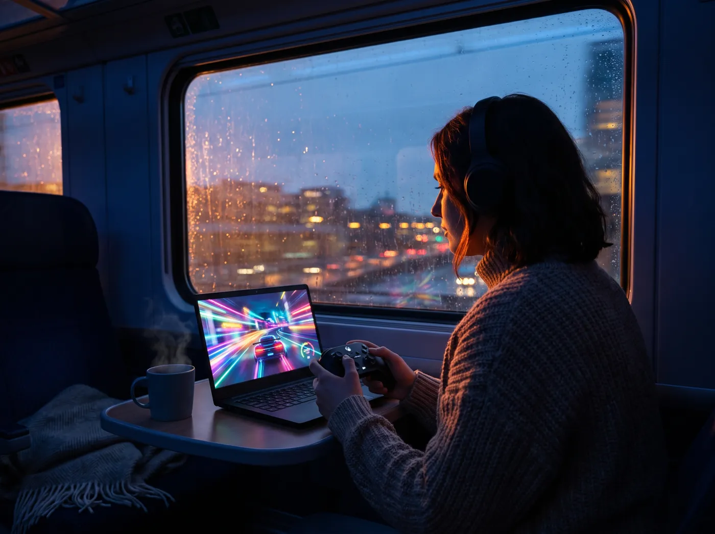A player on an evening train streaming a racing game to her laptop with a wireless controller